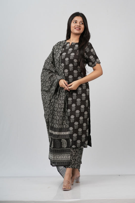 Midnight Bloom Hand Block Print Cotton Suit Set