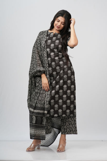 Midnight Bloom Hand Block Print Cotton Suit Set