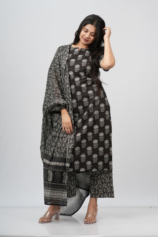 Midnight Bloom Hand Block Print Cotton Suit Set