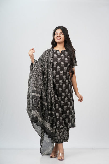 Midnight Bloom Hand Block Print Cotton Suit Set