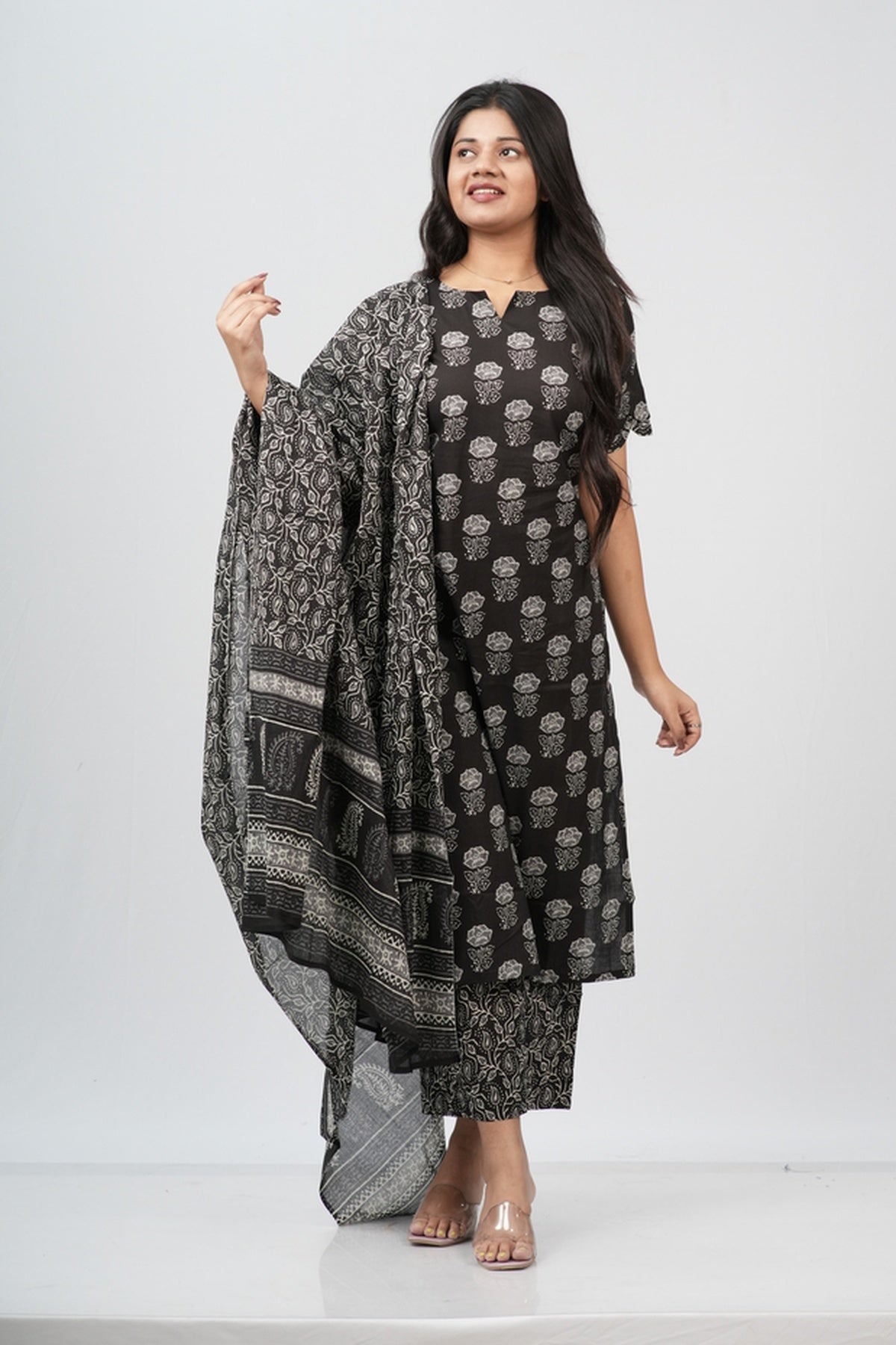 Midnight Bloom Hand Block Print Cotton Suit Set