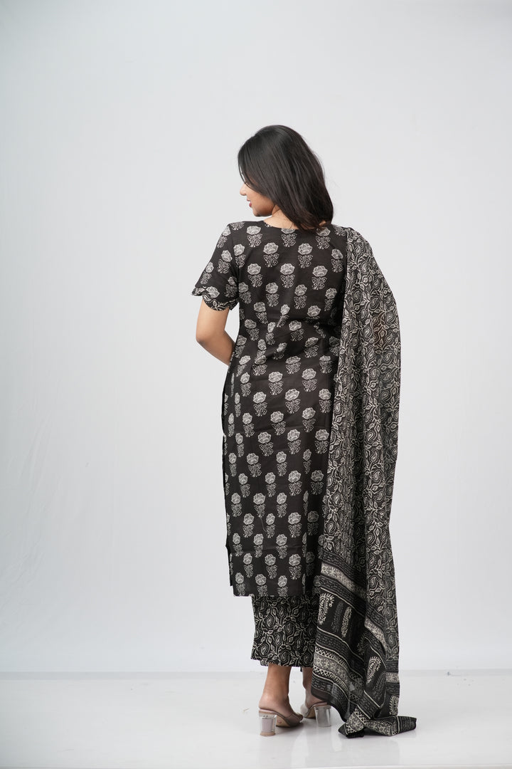 Midnight Bloom Hand Block Print Cotton Suit Set