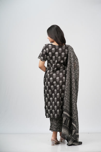 Midnight Bloom Hand Block Print Cotton Suit Set