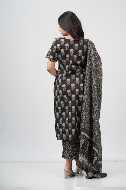 Midnight Bloom Hand Block Print Cotton Suit Set