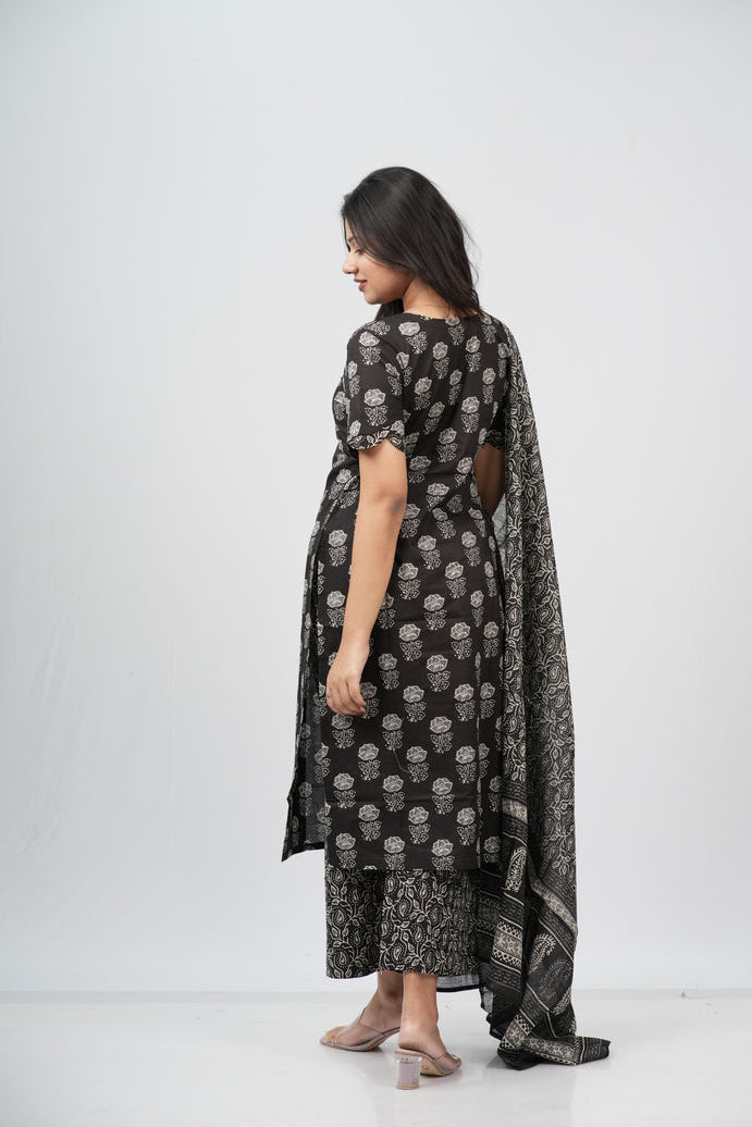 Midnight Bloom Hand Block Print Cotton Suit Set