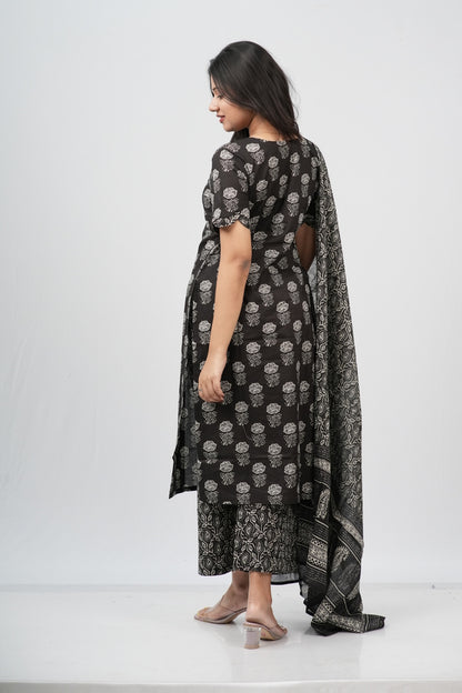 Midnight Bloom Hand Block Print Cotton Suit Set