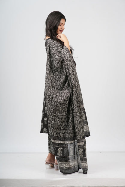 Midnight Bloom Hand Block Print Cotton Suit Set