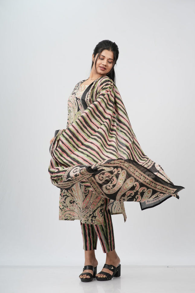 Beige & Black Lace-Print Cotton Suit Set