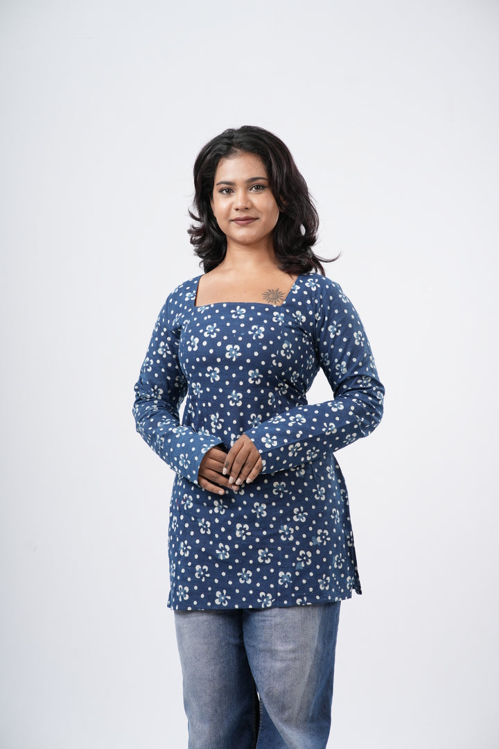Women's Indigo Blue Handblock Cotton Short Kurti