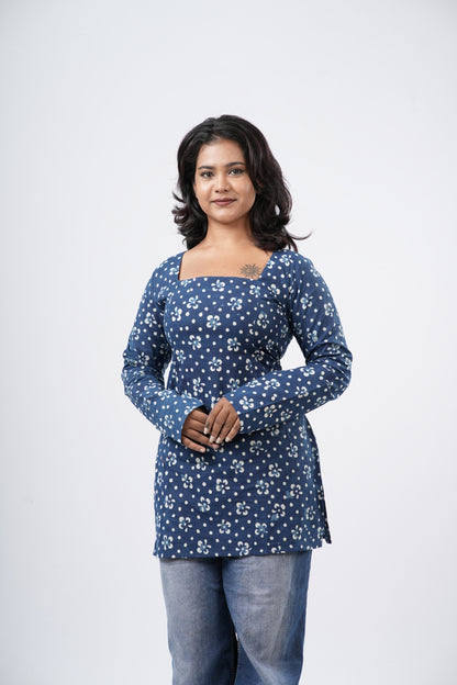 Women's Indigo Blue Handblock Cotton Short Kurti