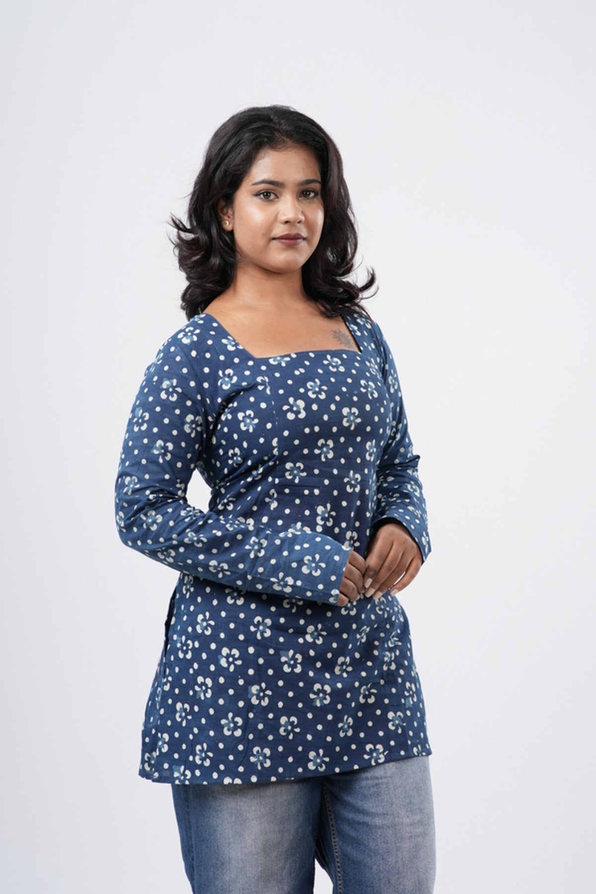 Women's Indigo Blue Handblock Cotton Short Kurti