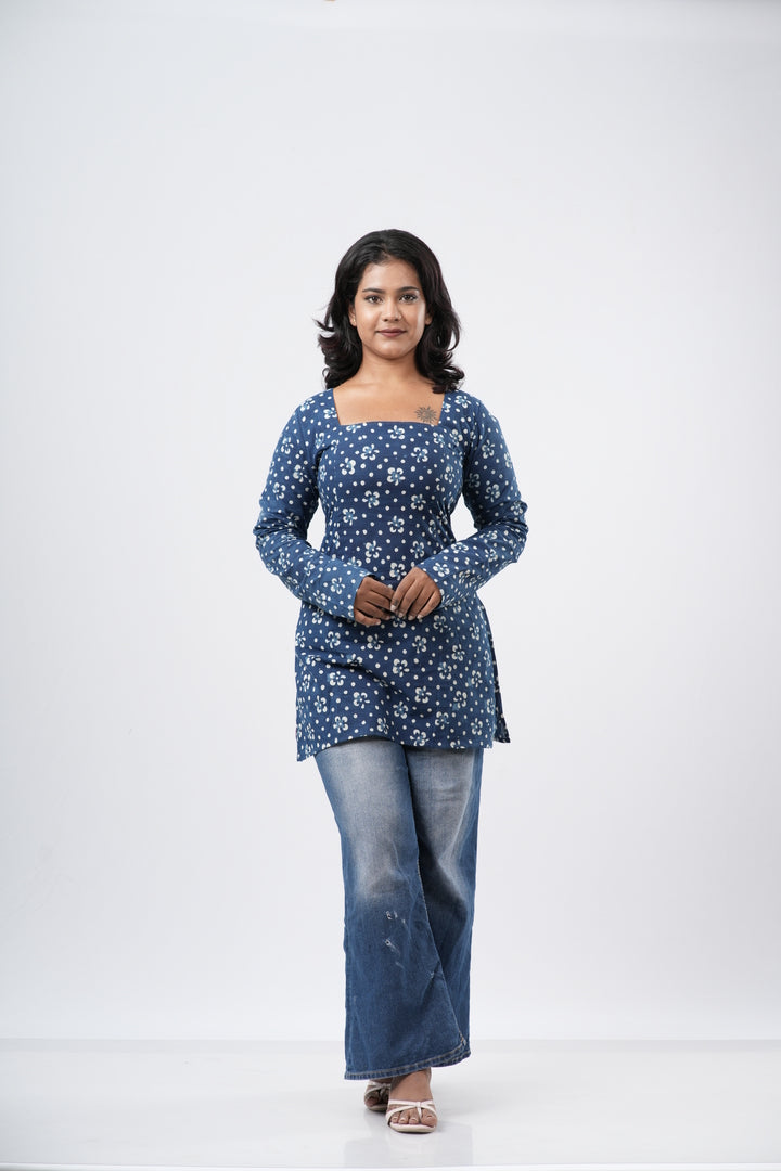 Women's Indigo Blue Handblock Cotton Short Kurti