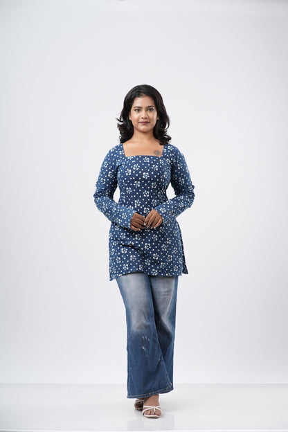Women's Indigo Blue Handblock Cotton Short Kurti