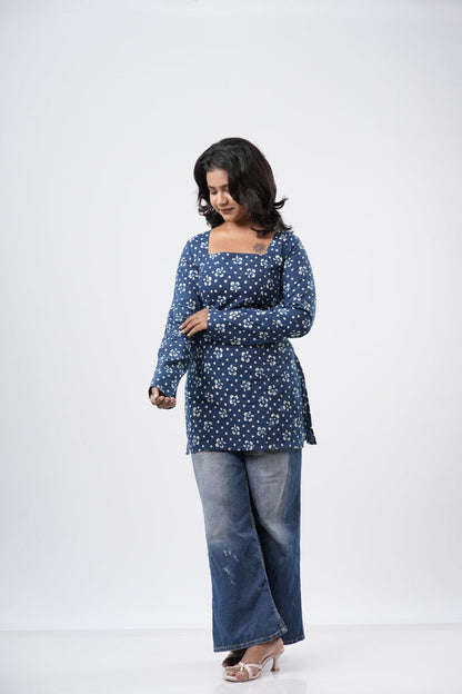 Women's Indigo Blue Handblock Cotton Short Kurti