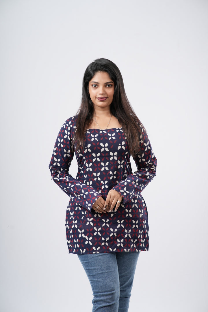Women's Indigo Blue Handblock Cotton Short Kurti
