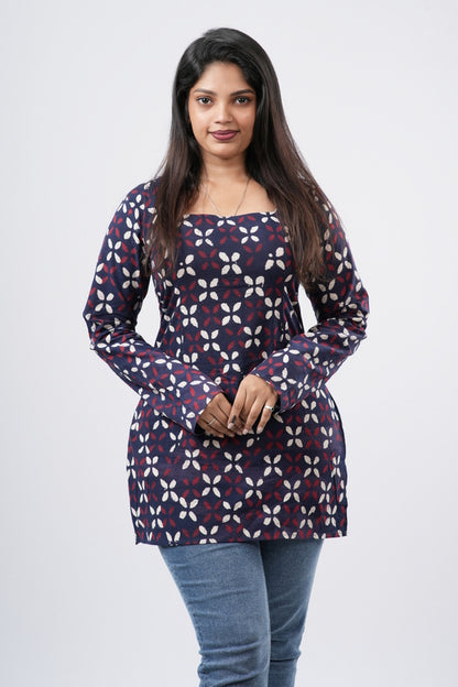 Women's Indigo Blue Handblock Cotton Short Kurti