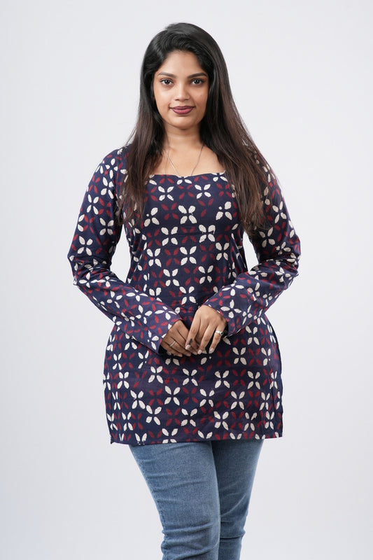 Women's Indigo Blue Handblock Cotton Short Kurti