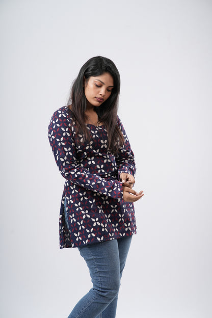 Women's Indigo Blue Handblock Cotton Short Kurti