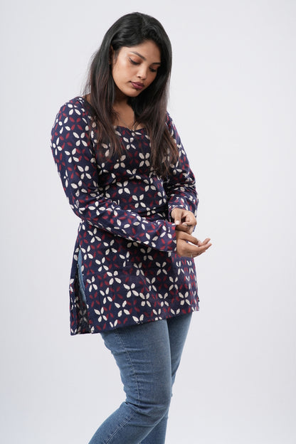 Women's Indigo Blue Handblock Cotton Short Kurti