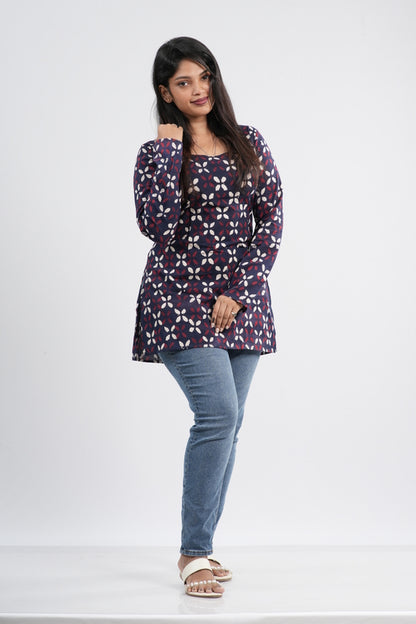 Women's Indigo Blue Handblock Cotton Short Kurti