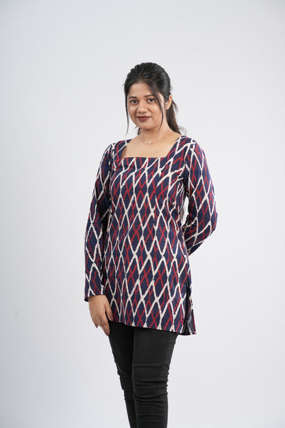 Women's Indigo Blue Zig-Zag Handblock Cotton Short Kurti