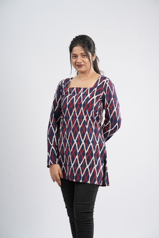 Women's Indigo Blue Zig-Zag Handblock Cotton Short Kurti