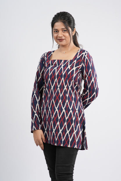 Women's Indigo Blue Zig-Zag Handblock Cotton Short Kurti