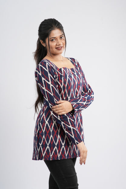 Women's Indigo Blue Zig-Zag Handblock Cotton Short Kurti