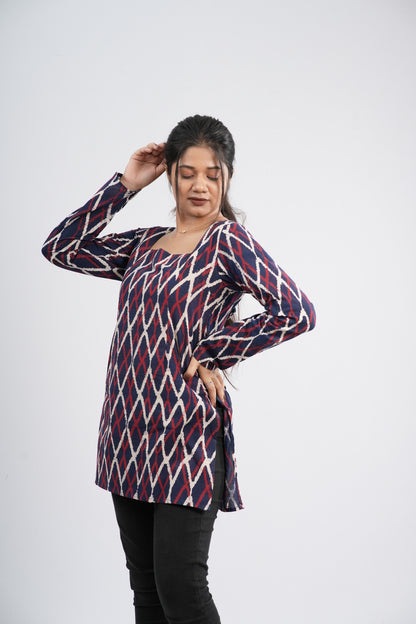 Women's Indigo Blue Zig-Zag Handblock Cotton Short Kurti