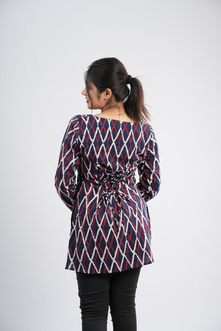 Women's Indigo Blue Zig-Zag Handblock Cotton Short Kurti