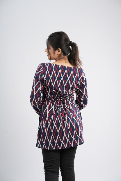 Women's Indigo Blue Zig-Zag Handblock Cotton Short Kurti