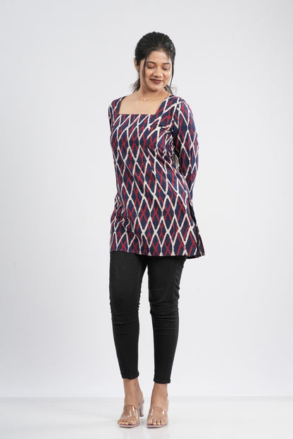 Women's Indigo Blue Zig-Zag Handblock Cotton Short Kurti