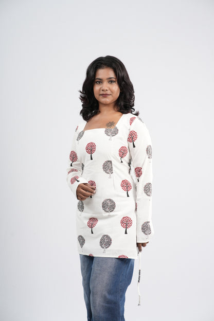 Women's Off-White & Pink Floral Cotton Short top