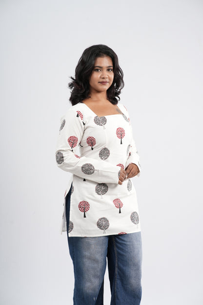 Women's Off-White & Pink Floral Cotton Short top