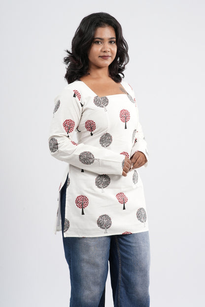 Women's Off-White & Pink Floral Cotton Short top