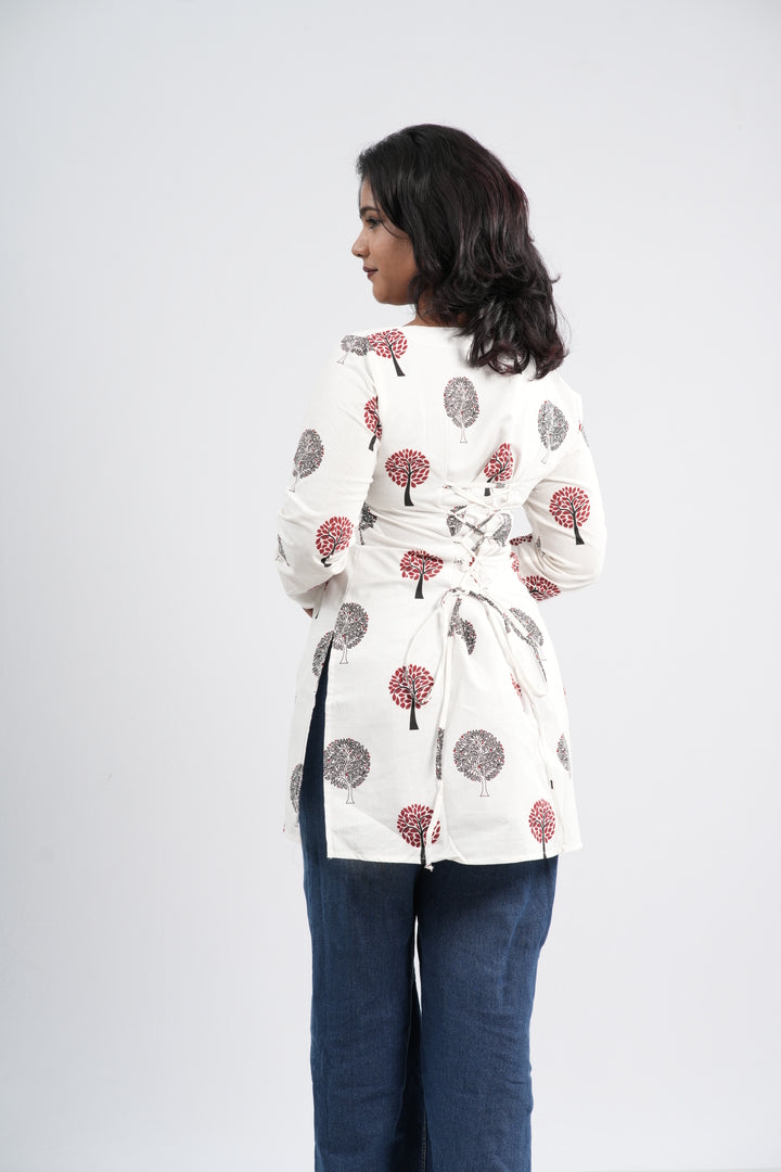 Women's Off-White & Pink Floral Cotton Short top