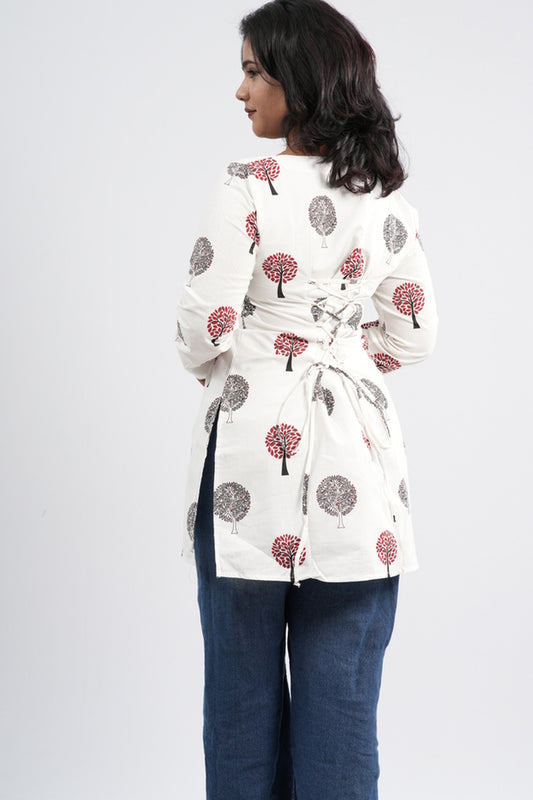 Women's Off-White & Pink Floral Cotton Short top