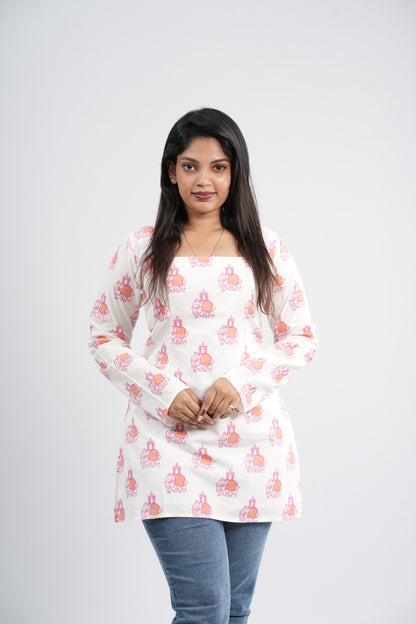 Off-White and Pink Floral Pot Cotton Short Kurti