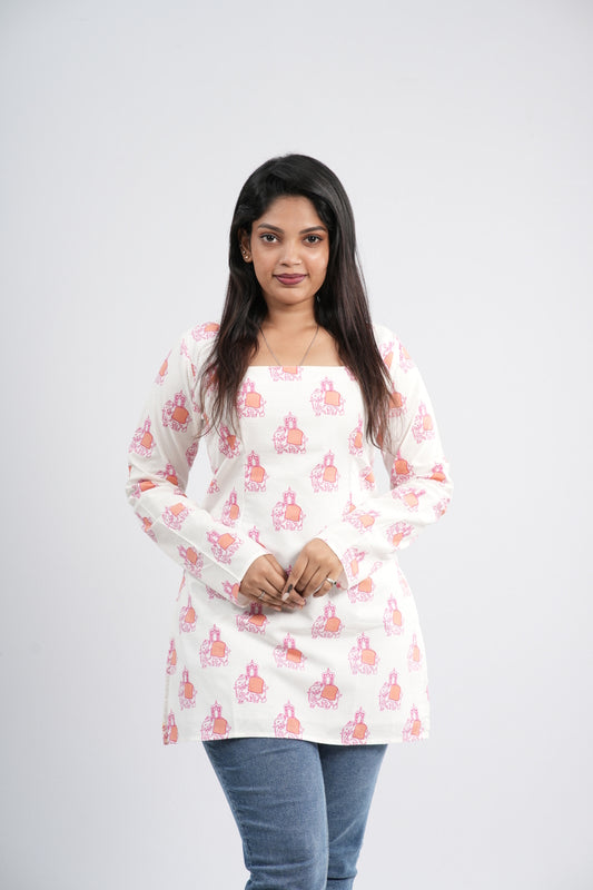 Off-White and Pink Floral Pot Cotton Short Kurti