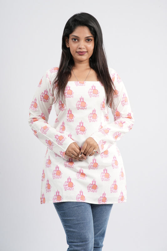 Off-White and Pink Floral Pot Cotton Short Kurti