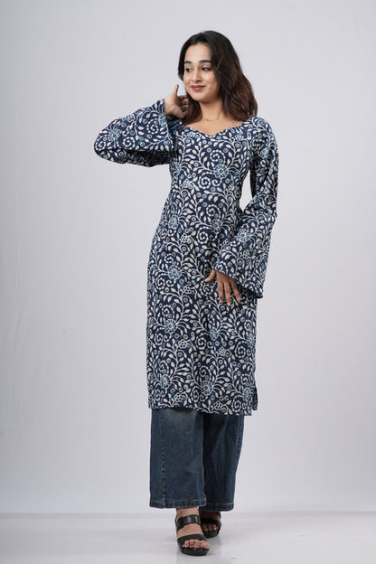 Women's Indigo Blue Floral Jaal Handblock Cotton Long Kurti